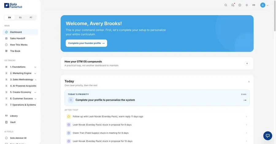 Current GTM OS dashboard with a founder's daily priority and pipeline follow-ups
